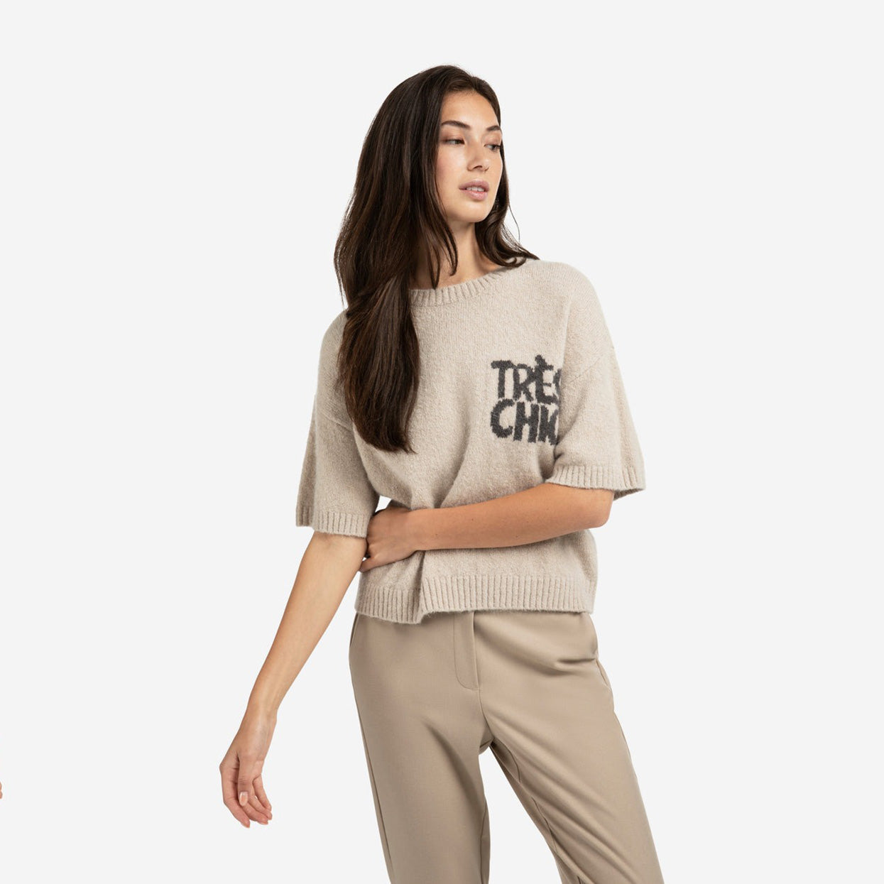 Knitted Short Sleeve Sweater with Artwork - Beige Melange