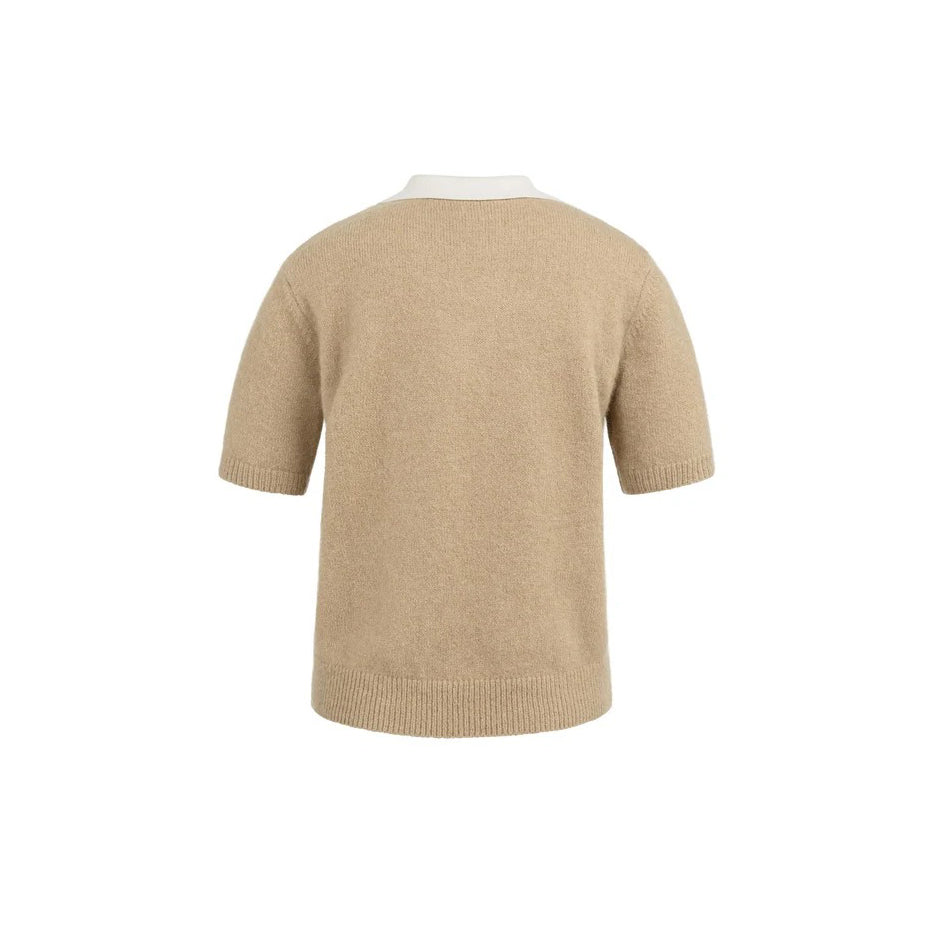 Knitted Short-Sleeve Sweater with Contrast Collar