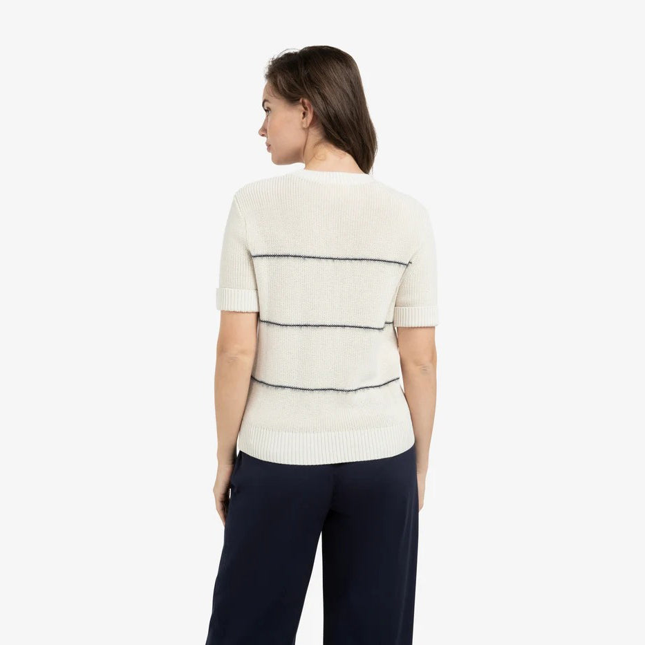 Knitted Short Sleeve Sweater with Fuzzy Stripes