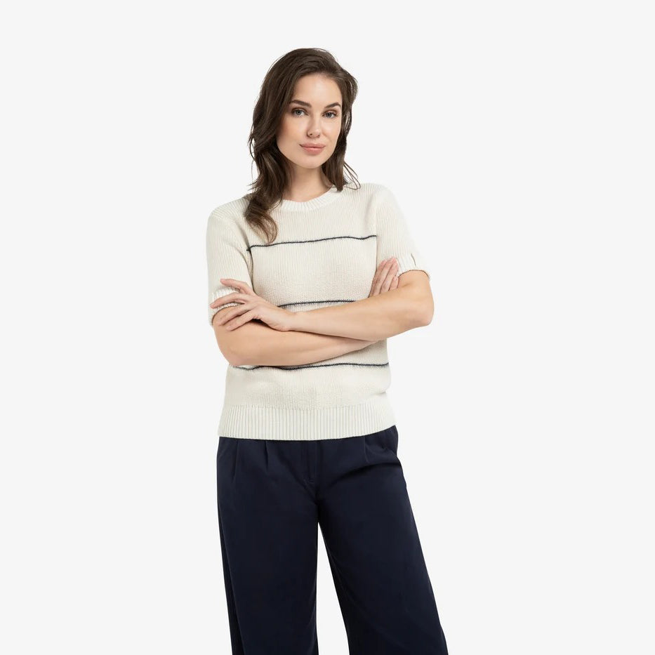 Knitted Short Sleeve Sweater with Fuzzy Stripes
