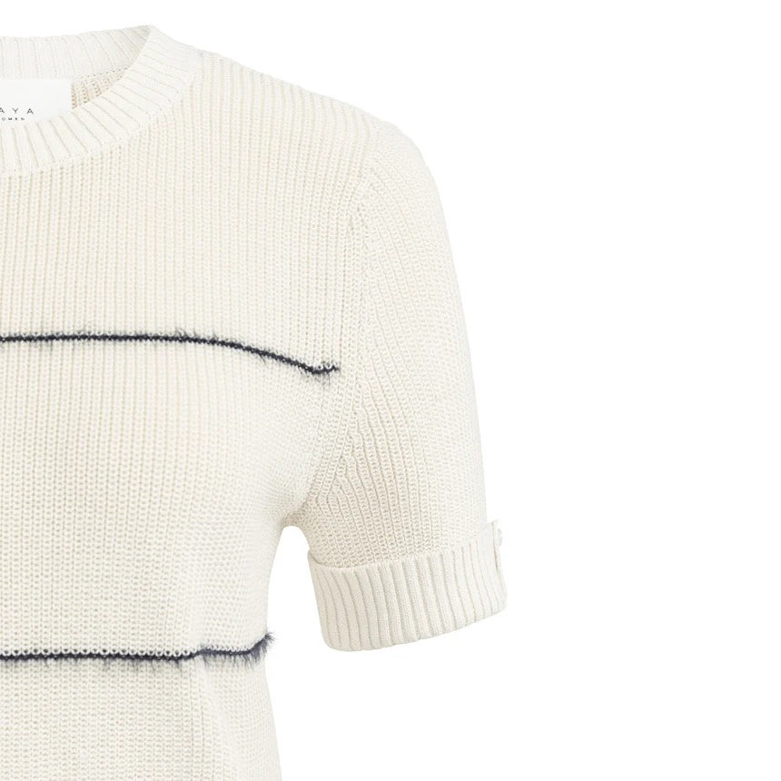 Knitted Short Sleeve Sweater with Fuzzy Stripes