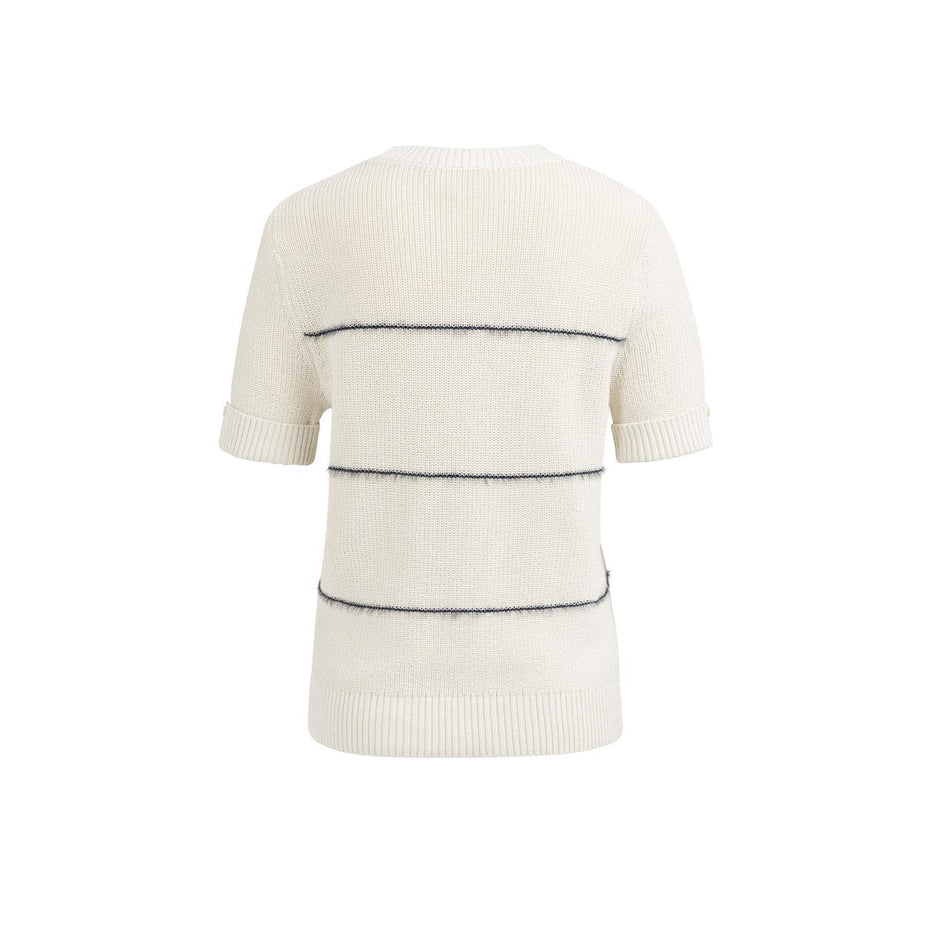 Knitted Short Sleeve Sweater with Fuzzy Stripes