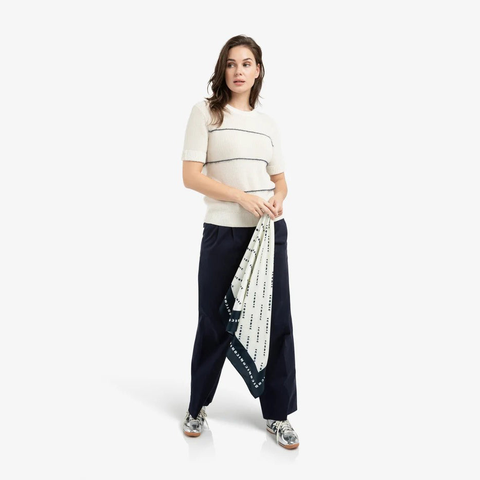 Knitted Short Sleeve Sweater with Fuzzy Stripes