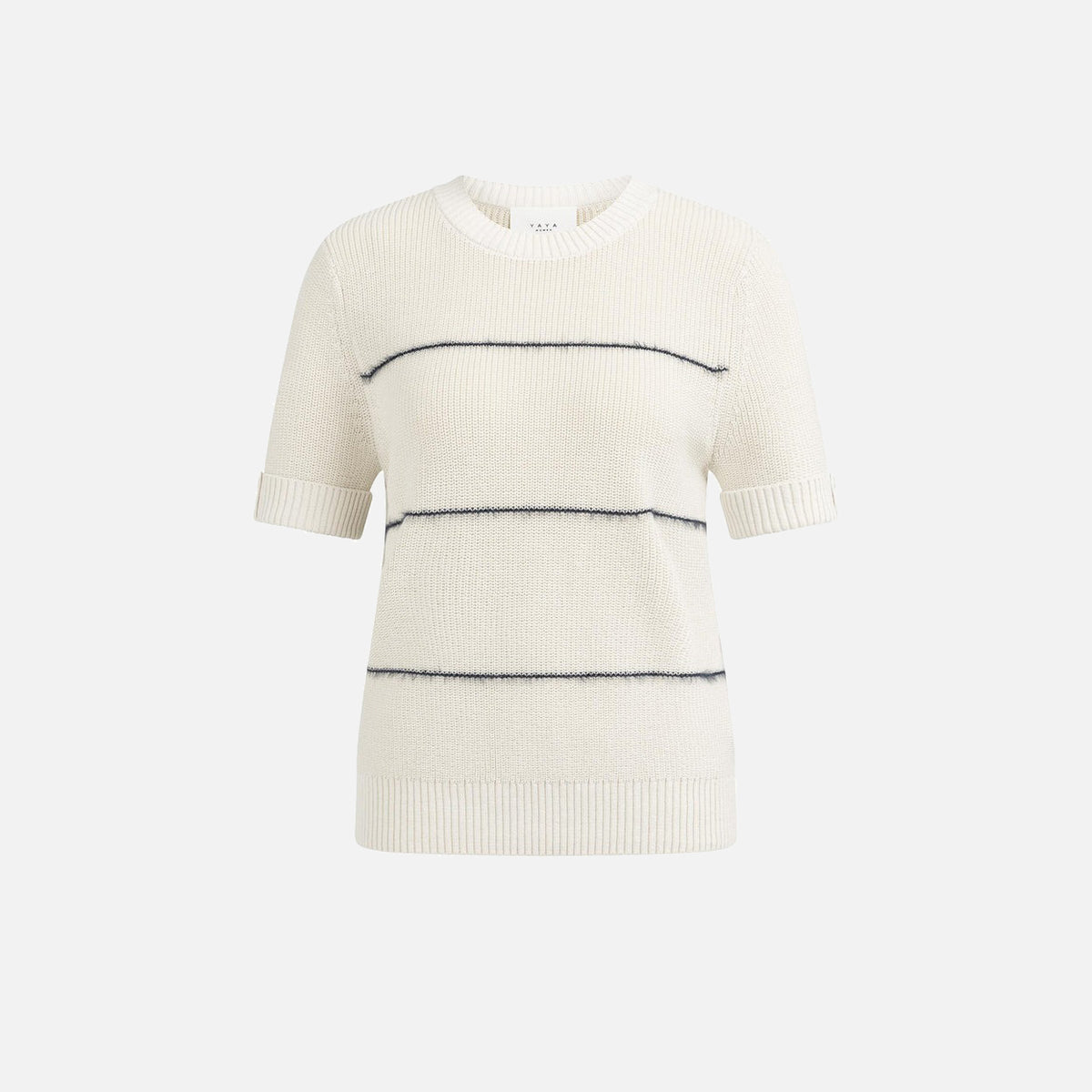 Knitted Short Sleeve Sweater with Fuzzy Stripes