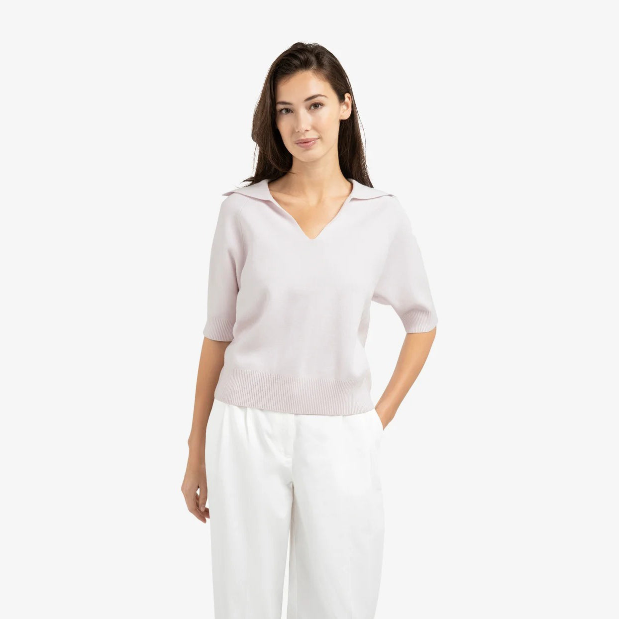 Knitted Sweater with Collar & Short Sleeves