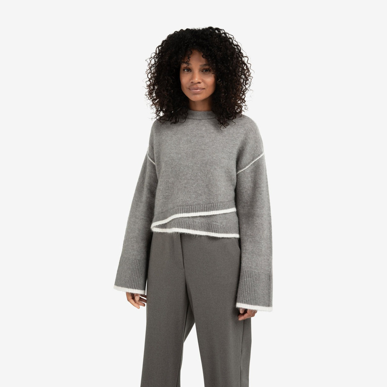 Knitted Sweater with Contrasting Lines - Taupe Grey Melange