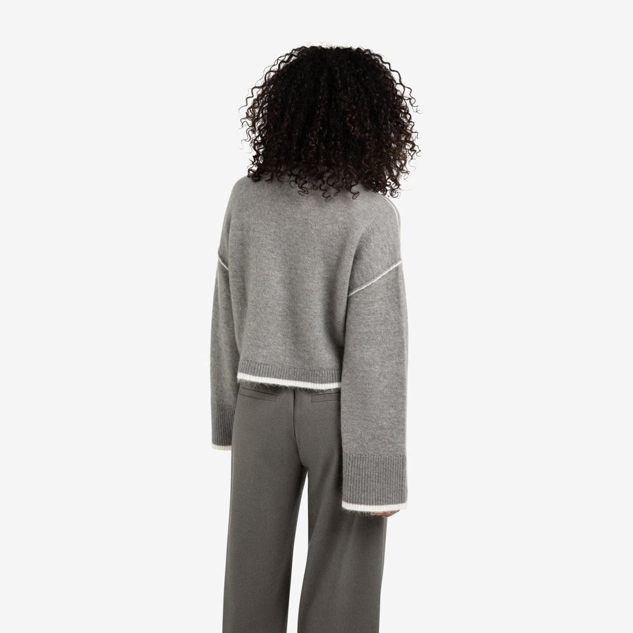 Knitted Sweater with Contrasting Lines - Taupe Grey Melange