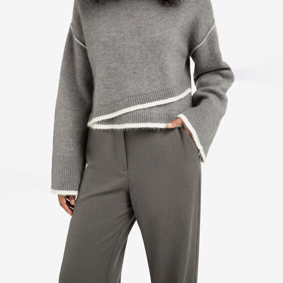Knitted Sweater with Contrasting Lines - Taupe Grey Melange
