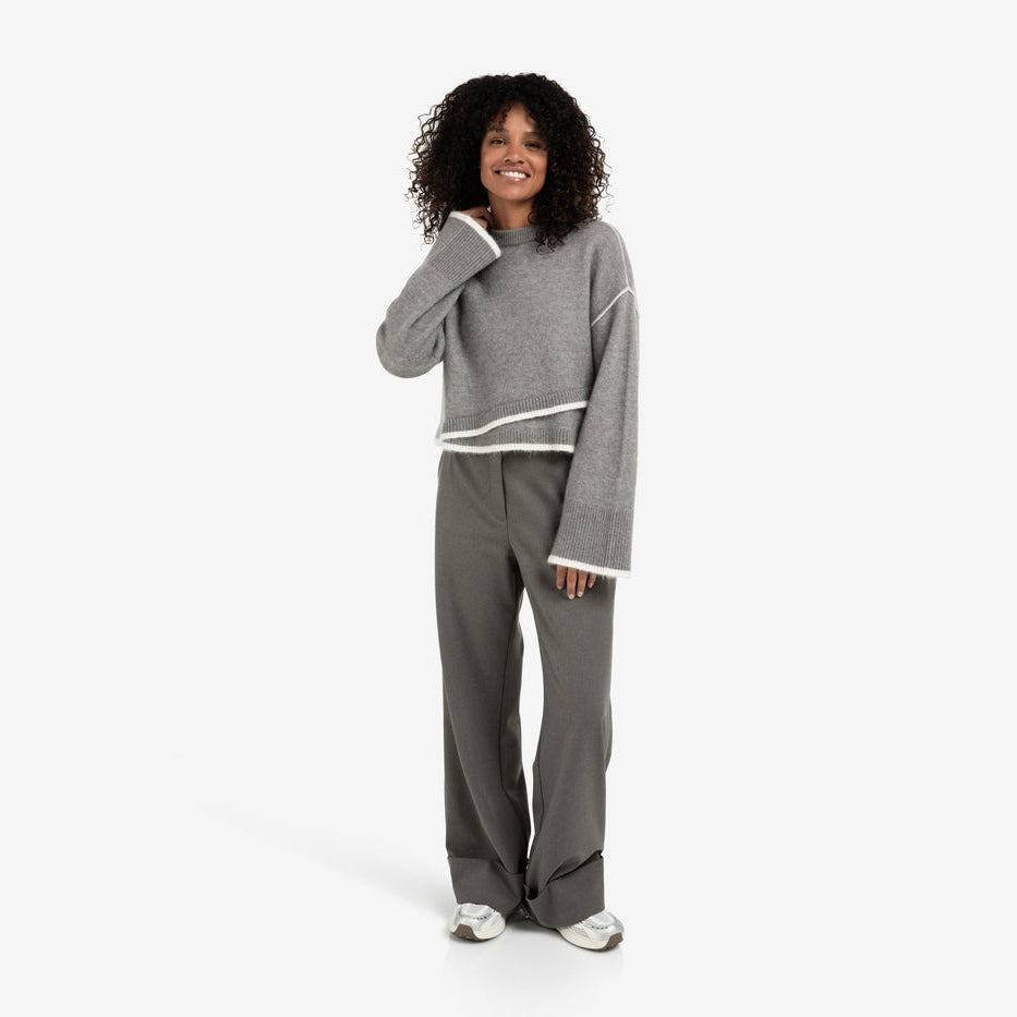Knitted Sweater with Contrasting Lines - Taupe Grey Melange
