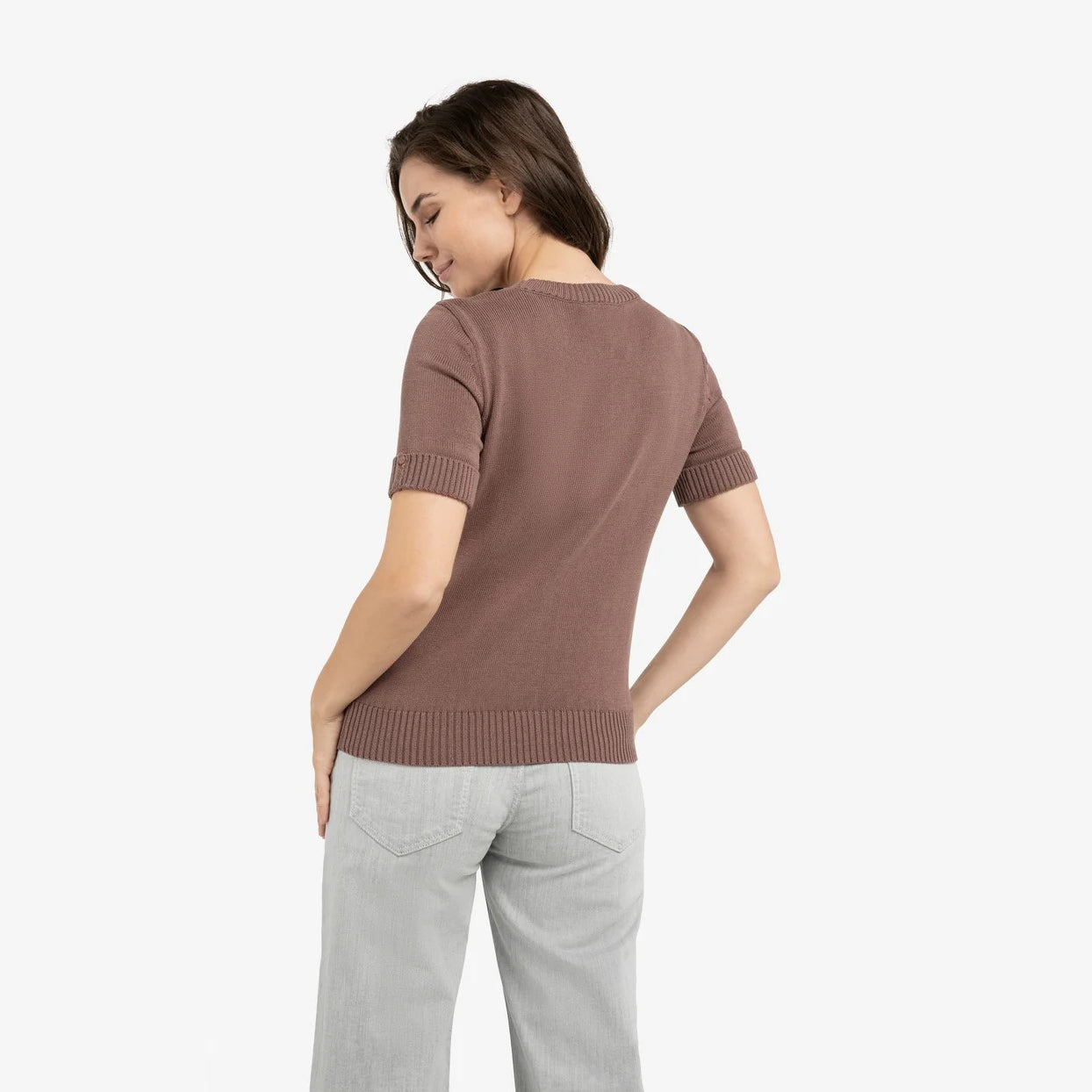 Knitted Sweater Roll Up Short Sleeves - Deep Taupe Brown