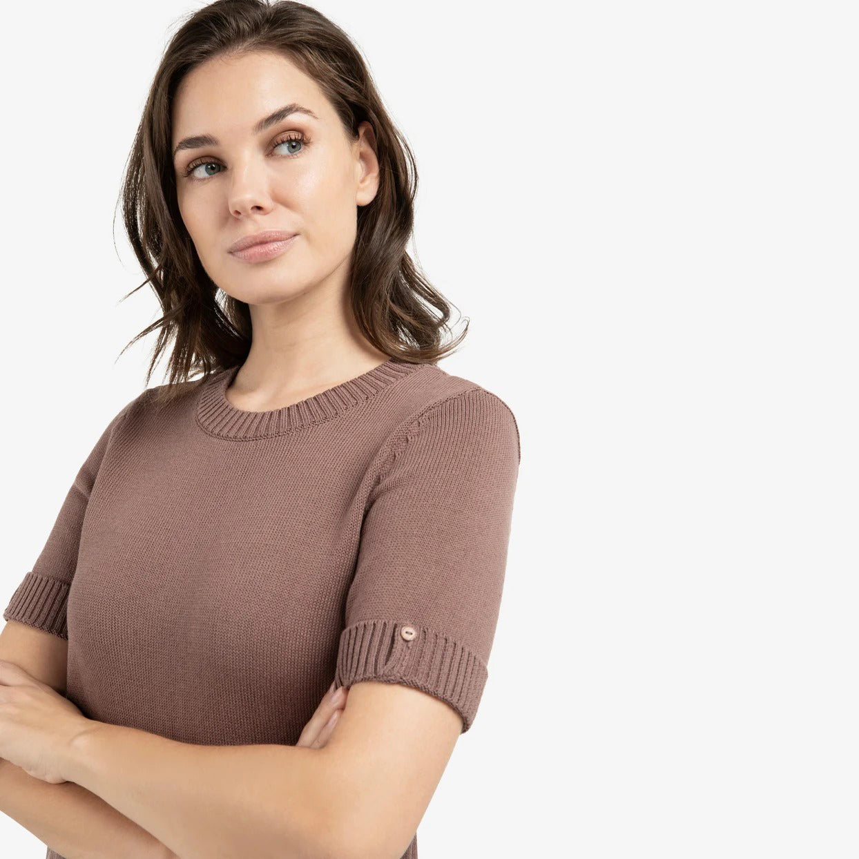 Knitted Sweater Roll Up Short Sleeves - Deep Taupe Brown