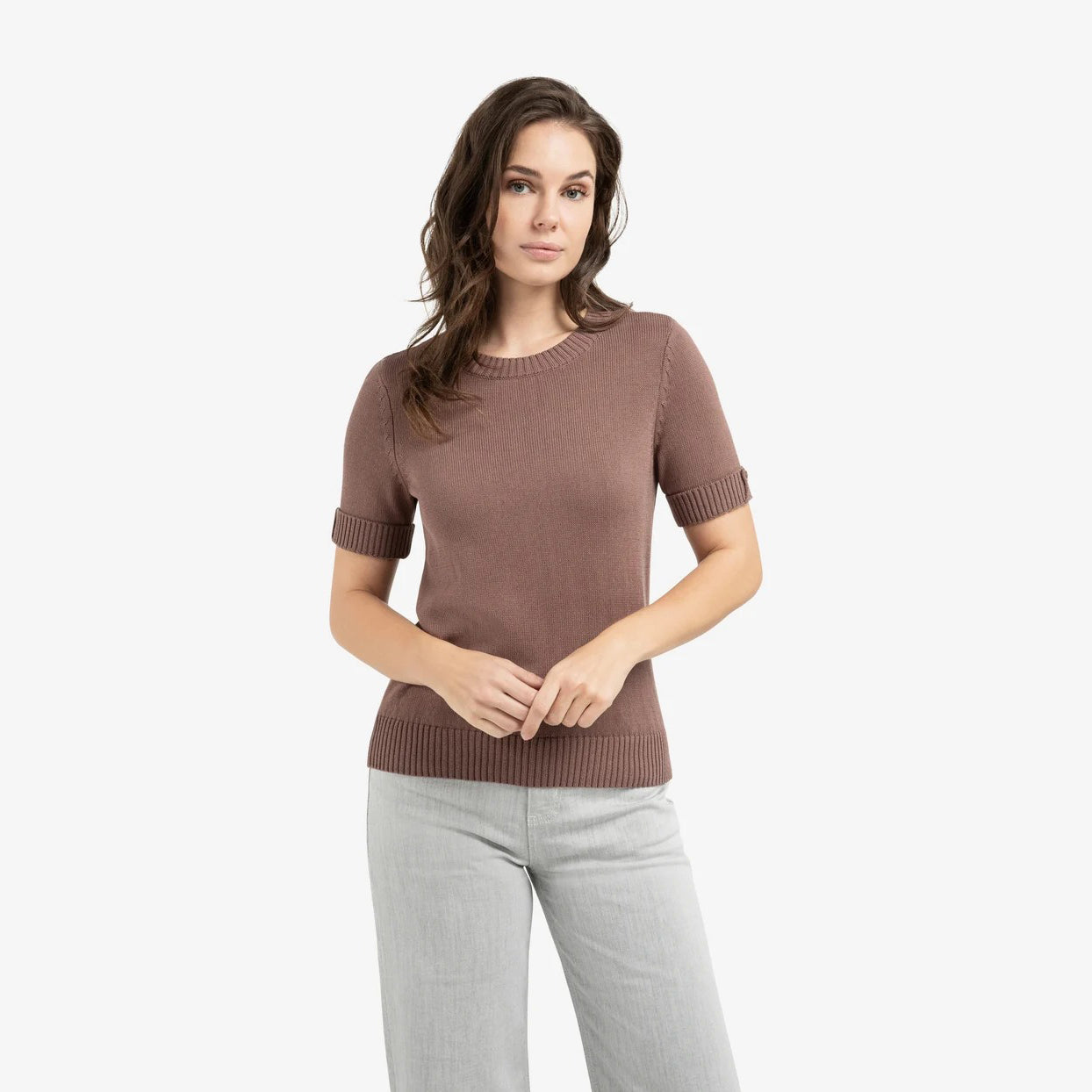 Knitted Sweater Roll Up Short Sleeves - Deep Taupe Brown