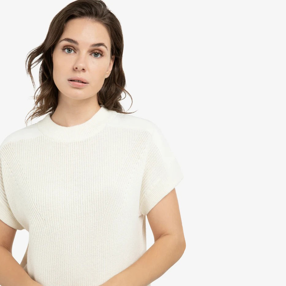Knitted Top with Woven Shoulder Details - Ecru