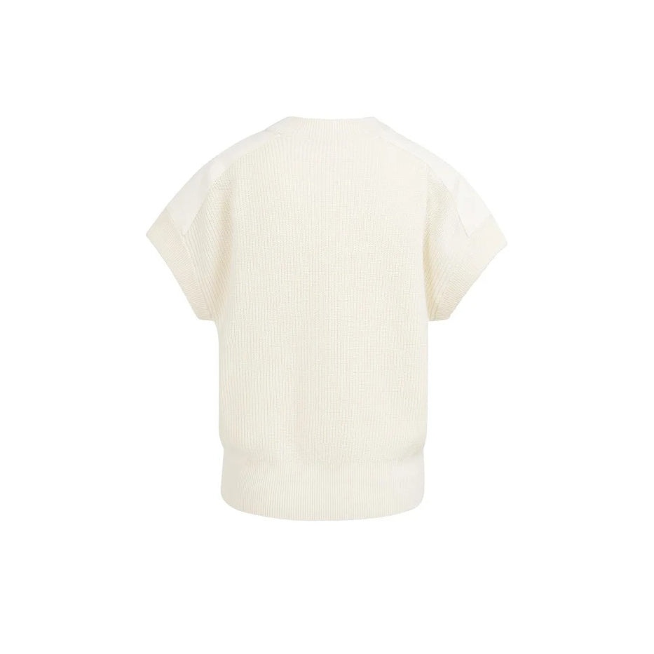 Knitted Top with Woven Shoulder Details - Ecru