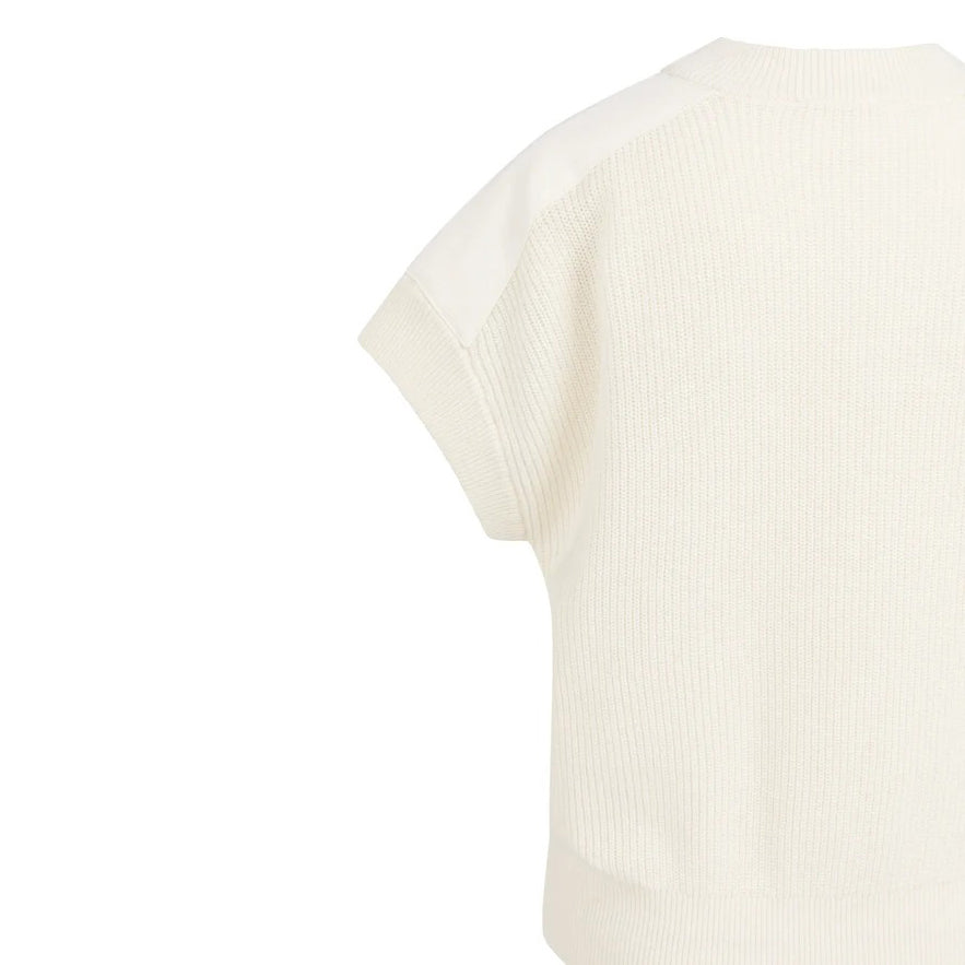 Knitted Top with Woven Shoulder Details - Ecru