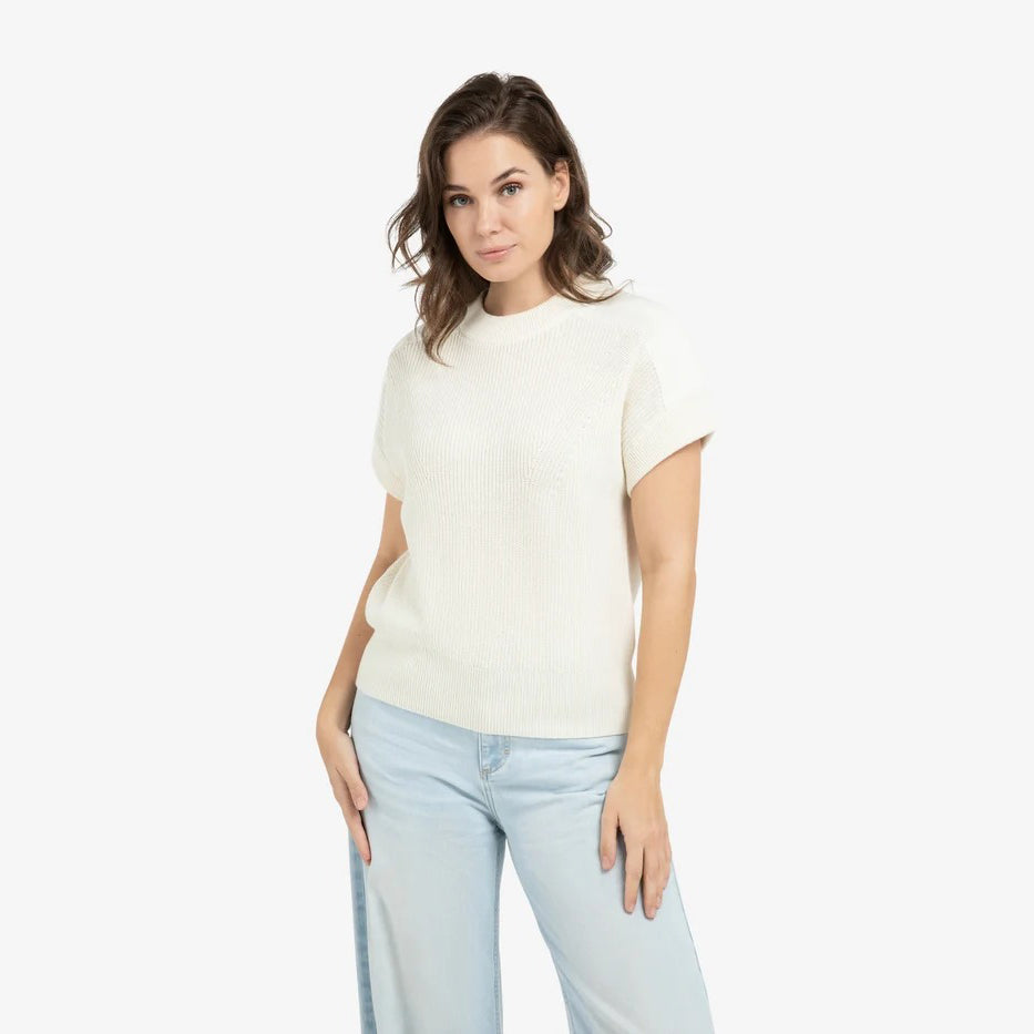 Knitted Top with Woven Shoulder Details - Ecru