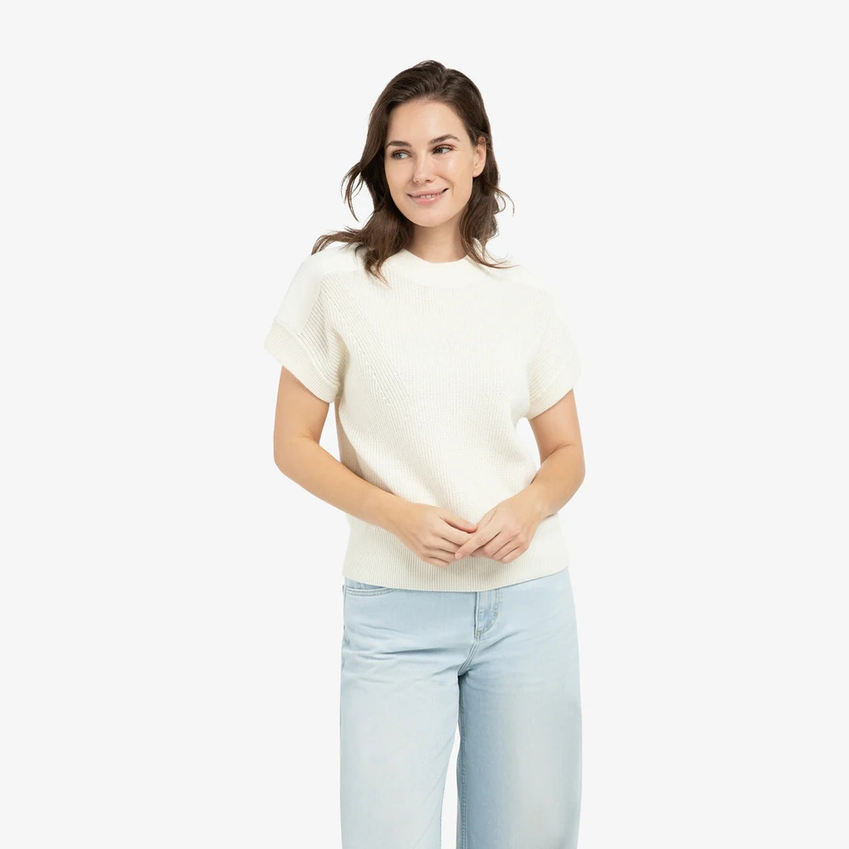 Knitted Top with Woven Shoulder Details - Ecru