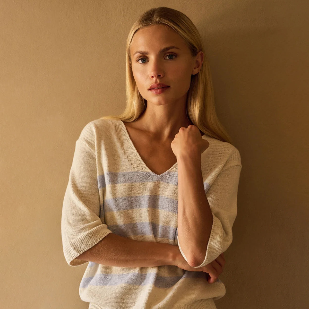 Knitted V-neck Sweater with Light Blue Stripes