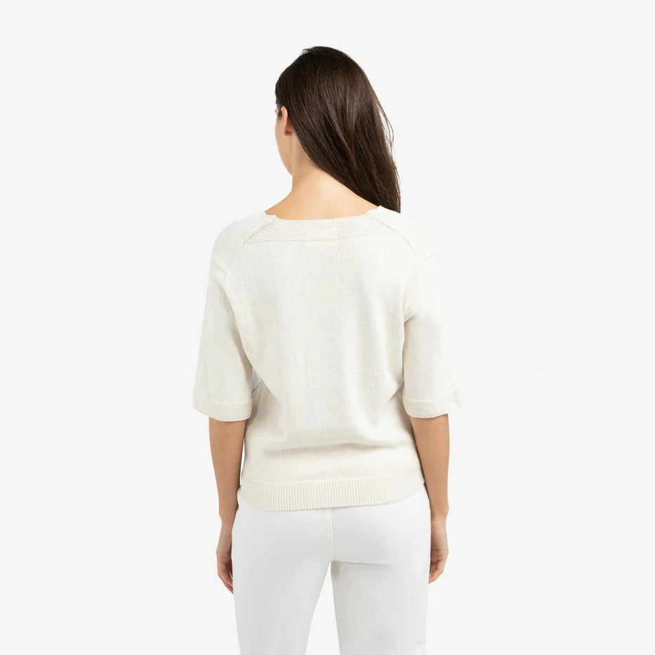 Knitted V-neck Sweater with Light Blue Stripes