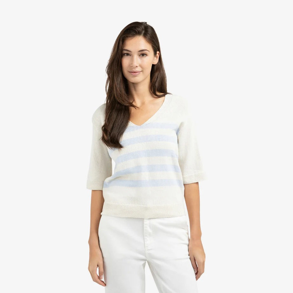 Knitted V-neck Sweater with Light Blue Stripes