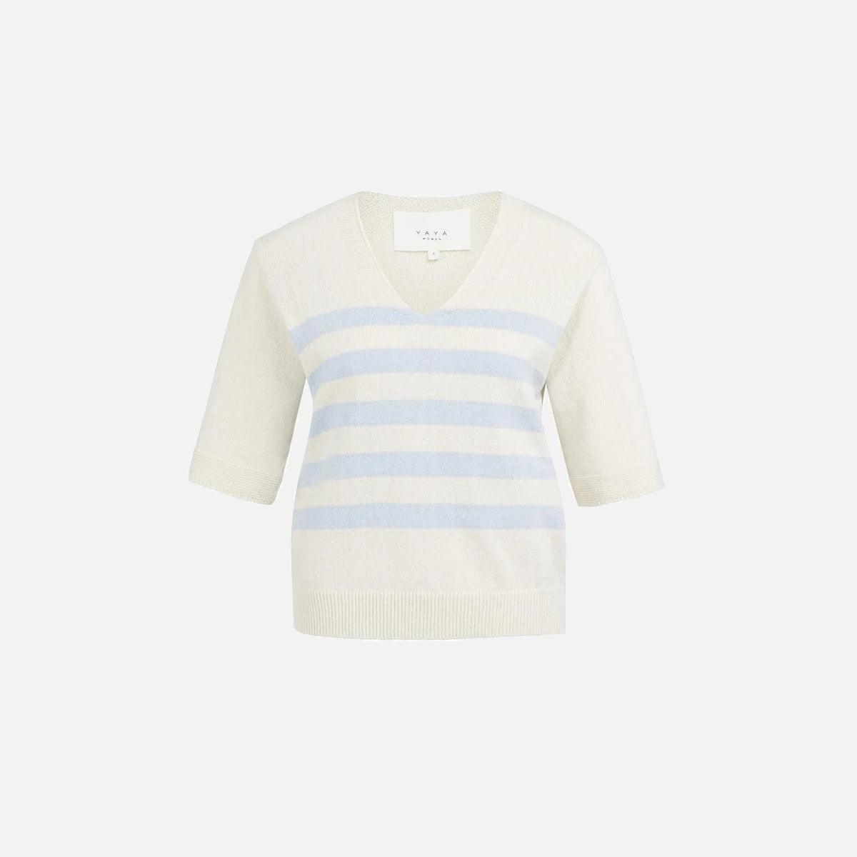 Knitted V-neck Sweater with Light Blue Stripes