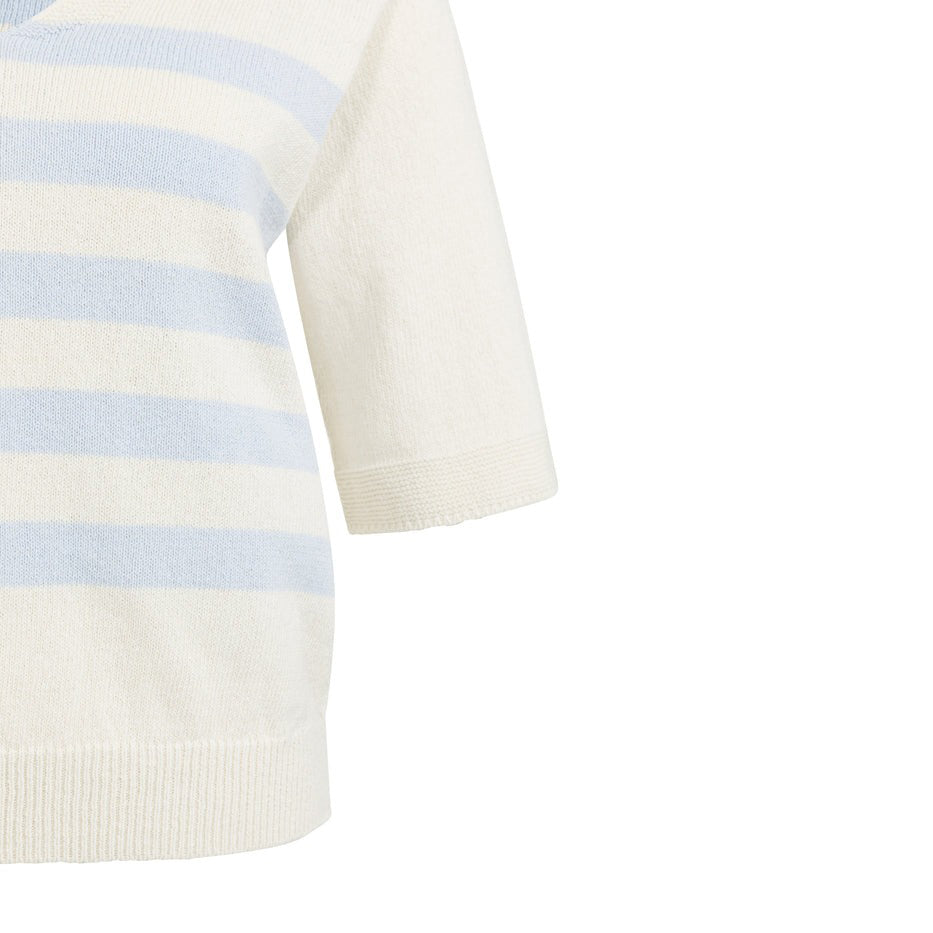 Knitted V-neck Sweater with Light Blue Stripes