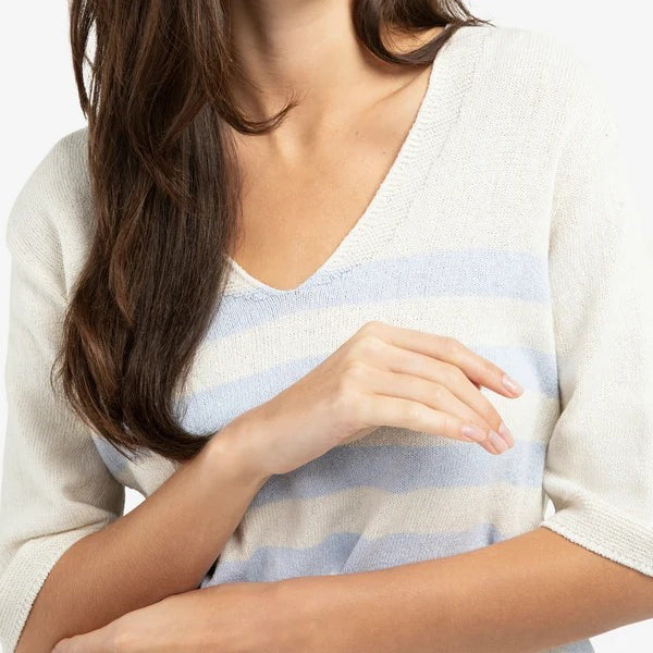 Knitted V-neck Sweater with Light Blue Stripes