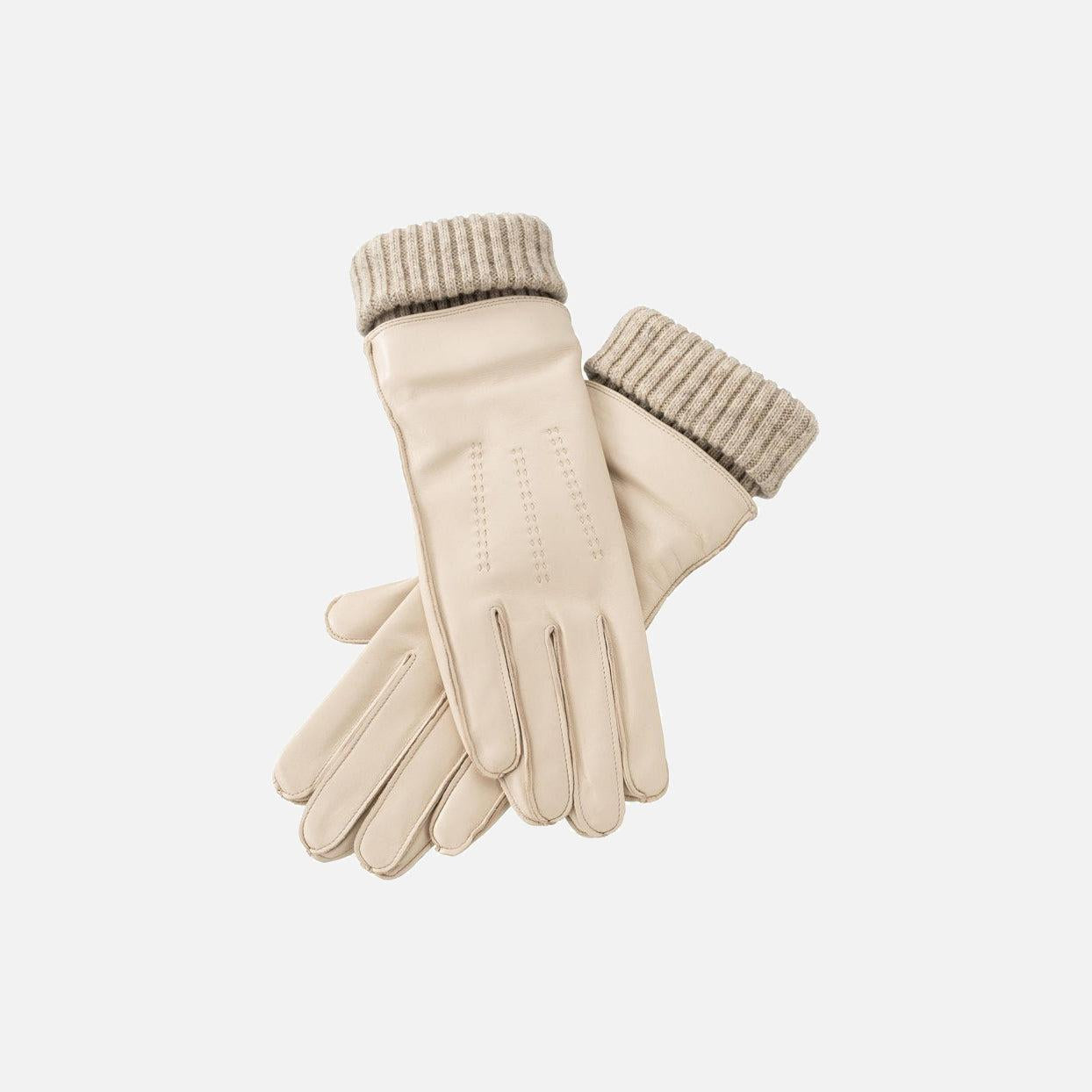 Leather Gloves with Knitted Cuffs - Sand Beige