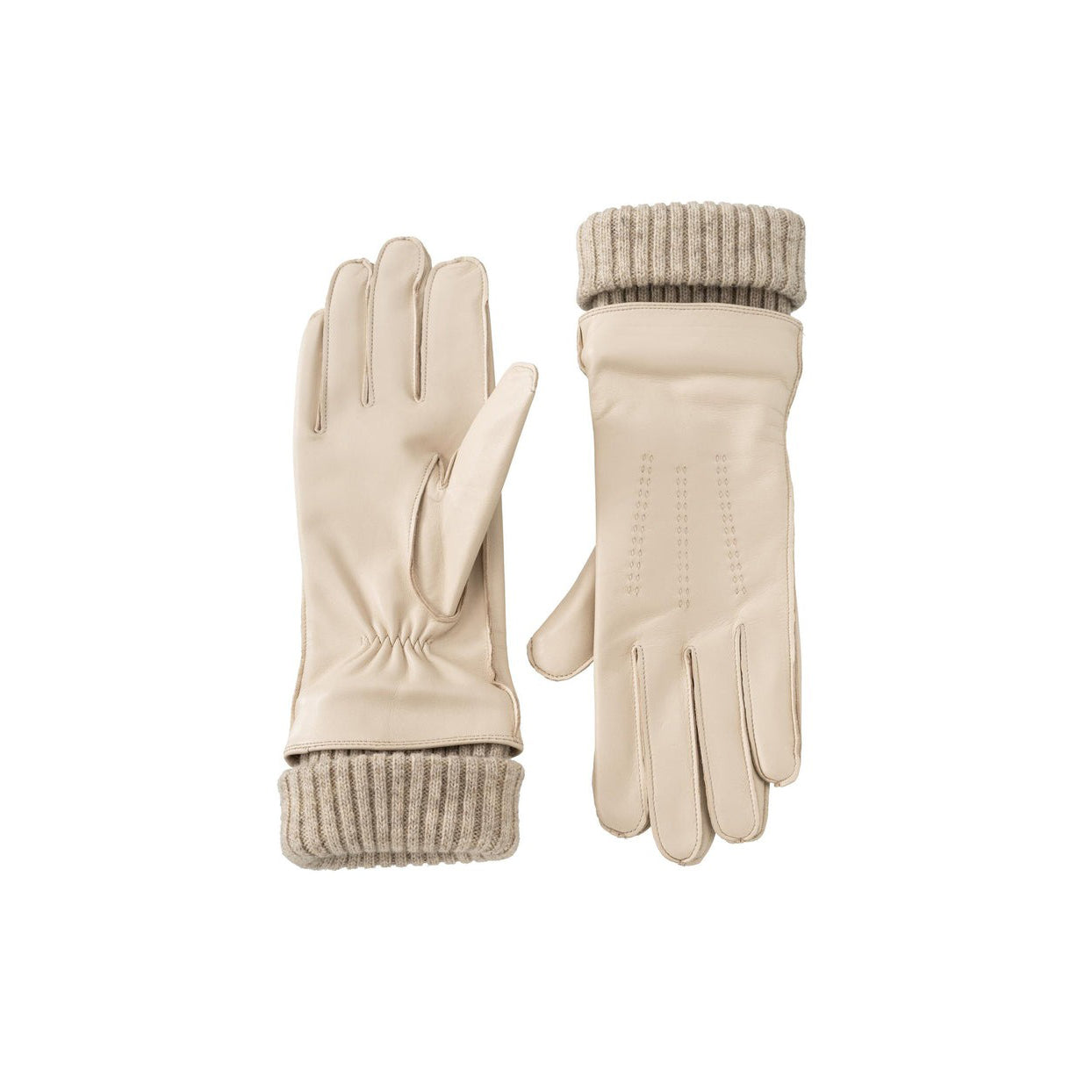 Leather Gloves with Knitted Cuffs - Sand Beige