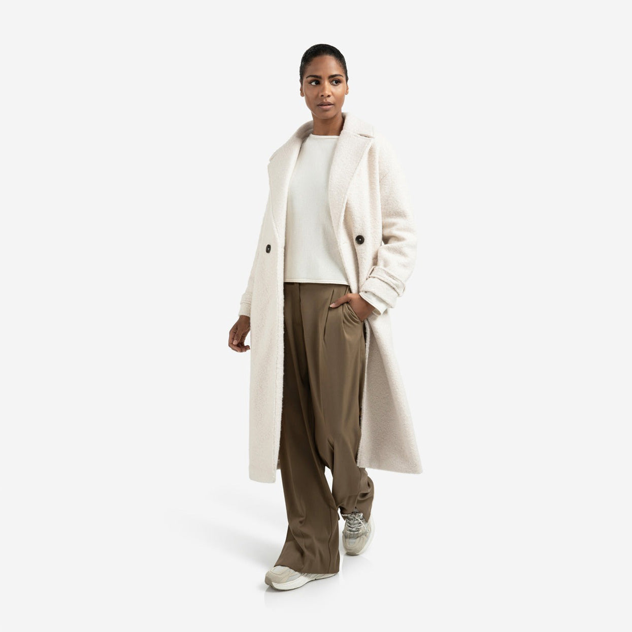 Long Bouclé Coat with Belt and Oversized Fit - Chalk White