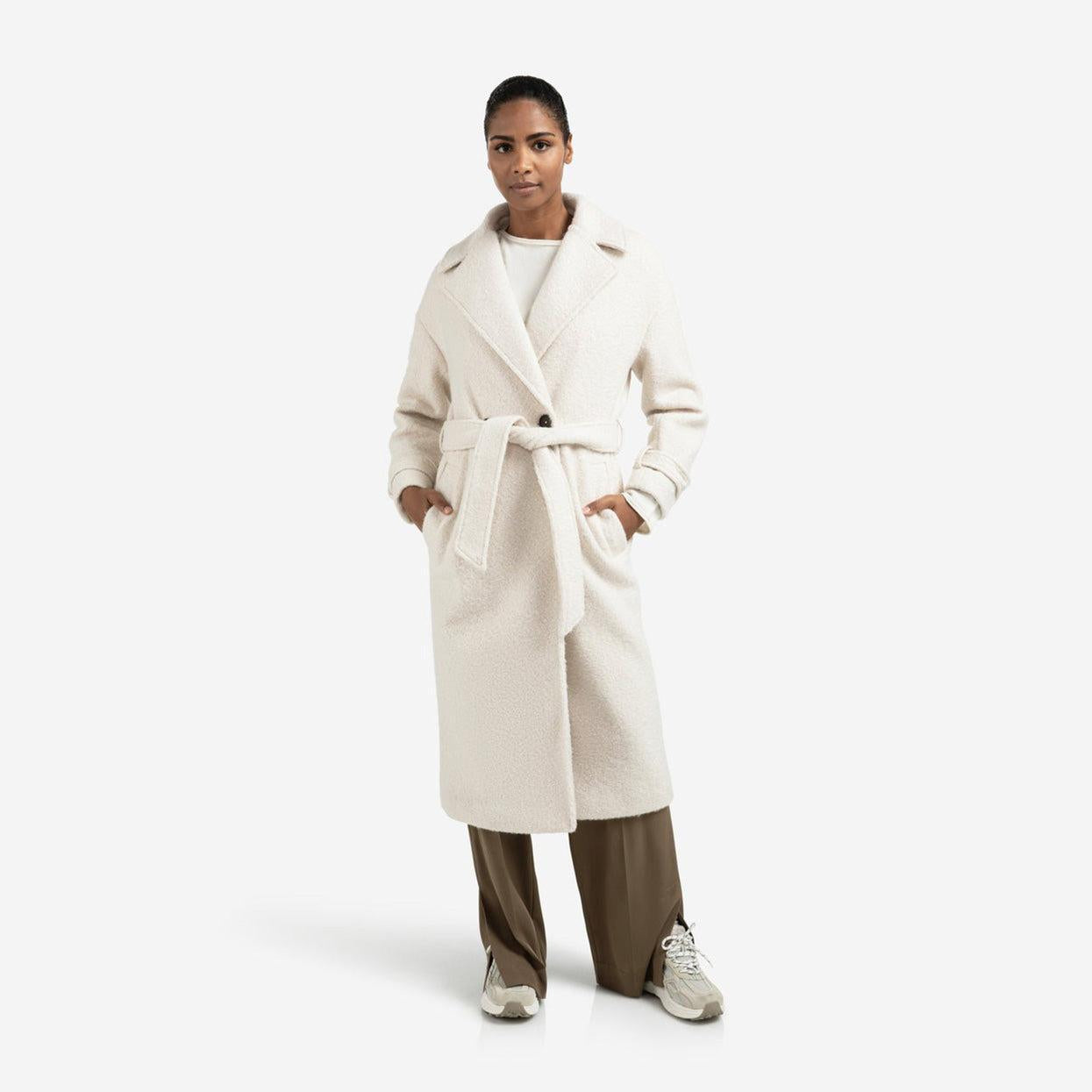 Long Bouclé Coat with Belt and Oversized Fit - Chalk White