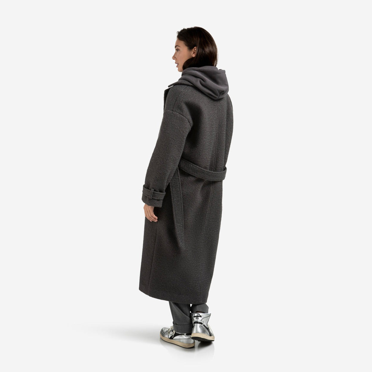 Long Bouclé Coat with Belt and Oversized Fit - Anthracite Melange