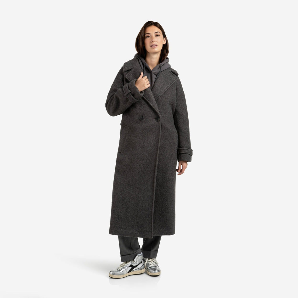 Long Bouclé Coat with Belt and Oversized Fit - Anthracite Melange