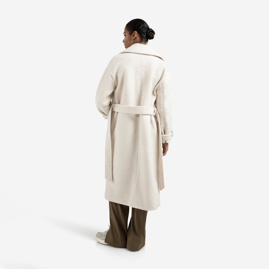 Long Bouclé Coat with Belt and Oversized Fit - Chalk White