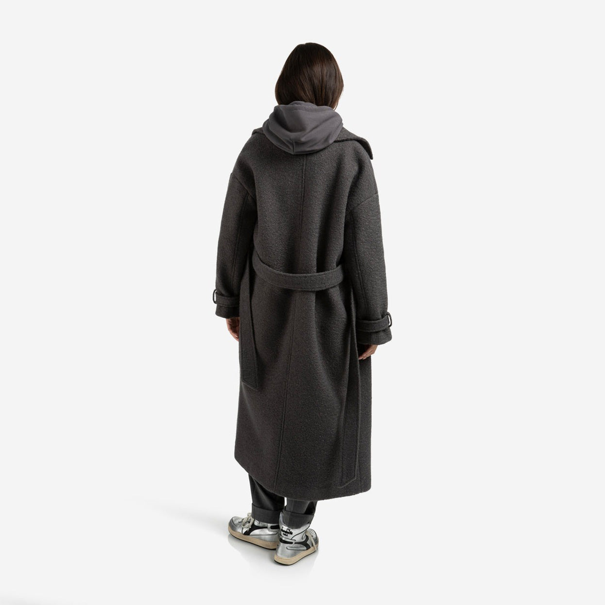 Long Bouclé Coat with Belt and Oversized Fit - Anthracite Melange