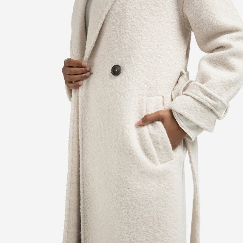 Long Bouclé Coat with Belt and Oversized Fit - Chalk White
