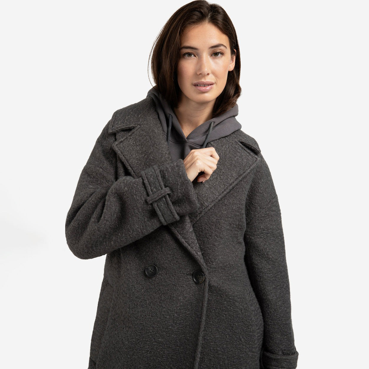 Long Bouclé Coat with Belt and Oversized Fit - Anthracite Melange