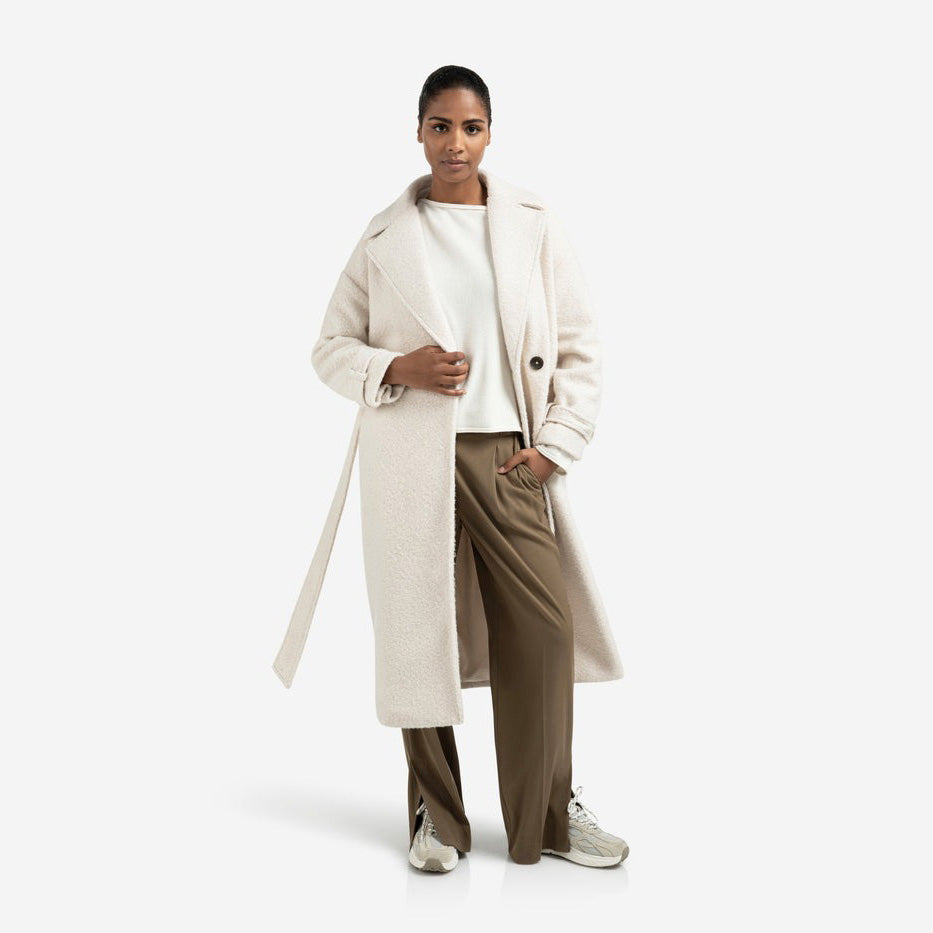 Long Bouclé Coat with Belt and Oversized Fit - Chalk White