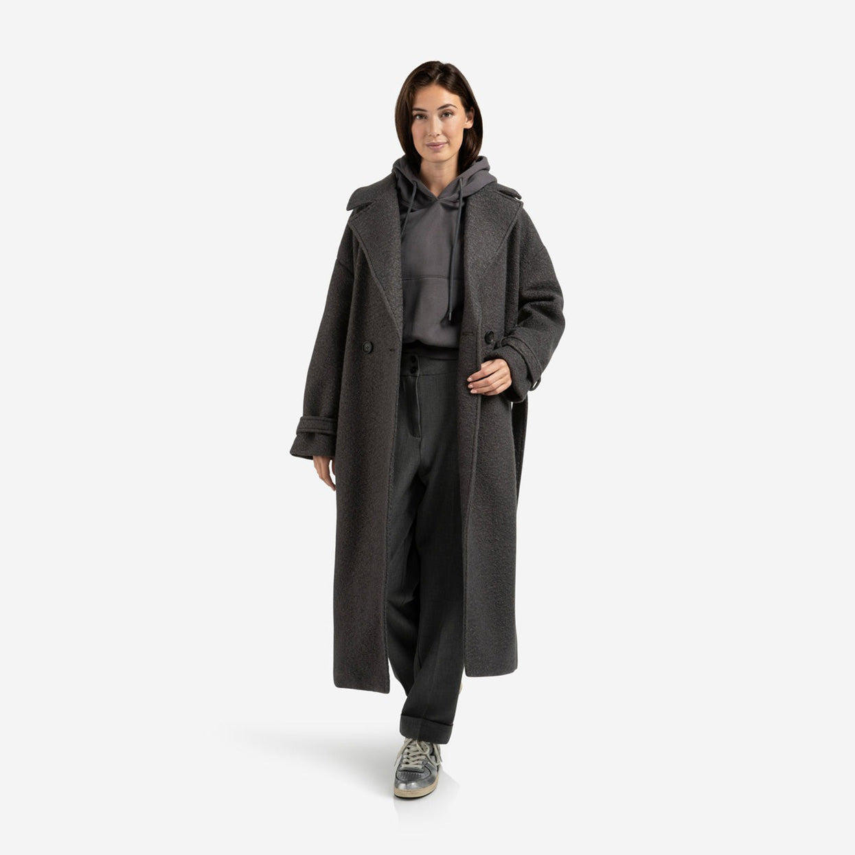 Long Bouclé Coat with Belt and Oversized Fit - Anthracite Melange