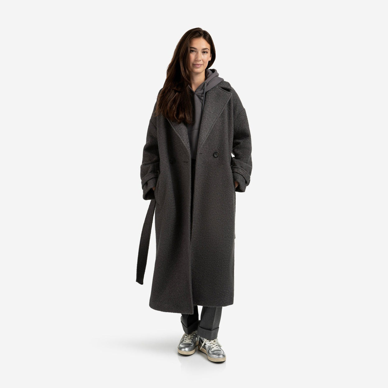 Long Bouclé Coat with Belt and Oversized Fit - Anthracite Melange