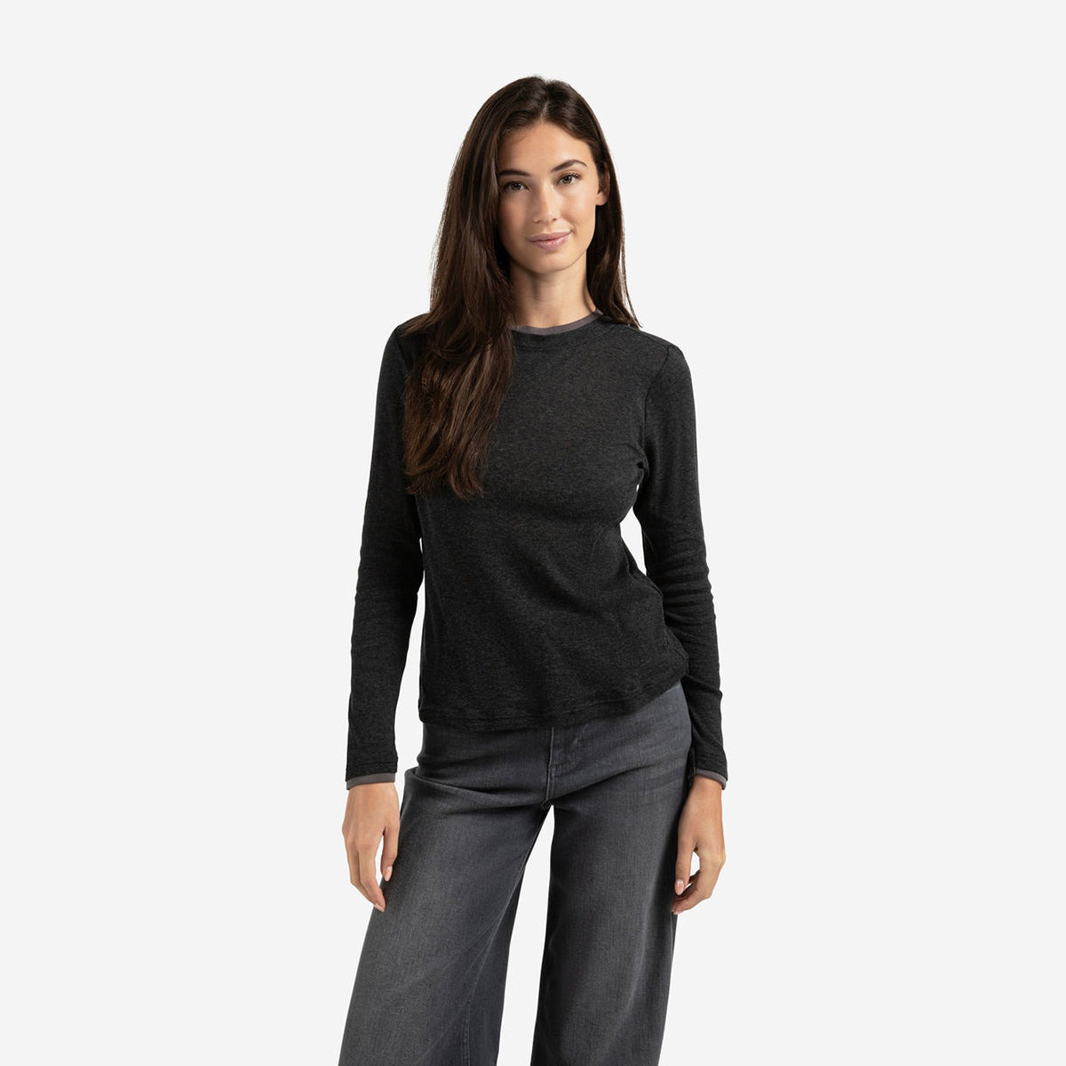Long Sleeve Top with Suedine Trim Neckline - Anthracite Melange