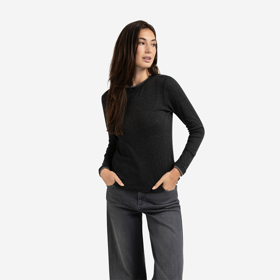 Long Sleeve Top with Suedine Trim Neckline - Anthracite Melange