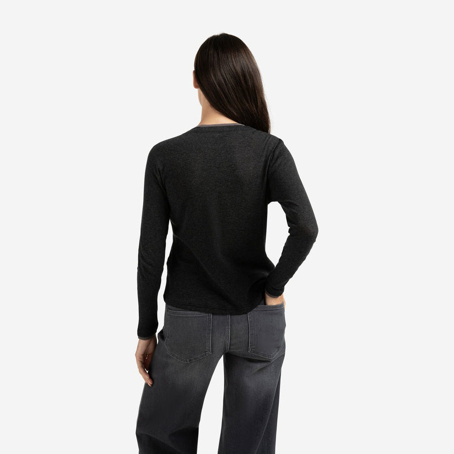 Long Sleeve Top with Suedine Trim Neckline - Anthracite Melange