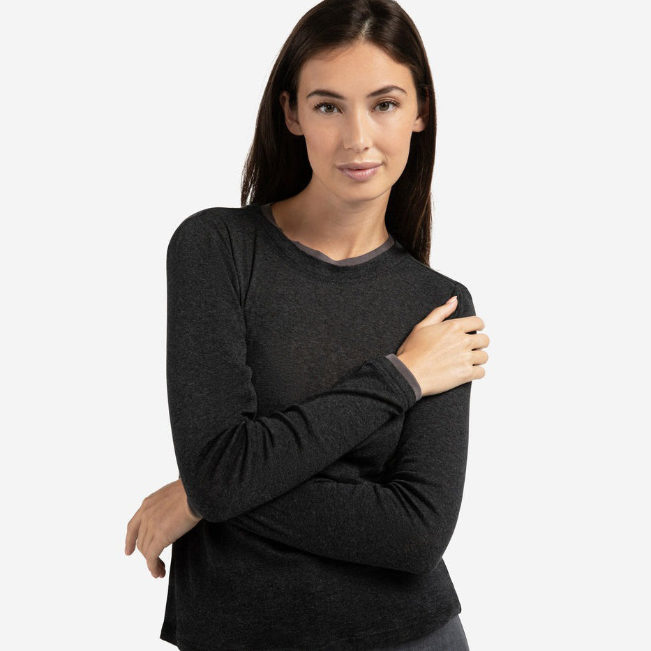 Long Sleeve Top with Suedine Trim Neckline - Anthracite Melange
