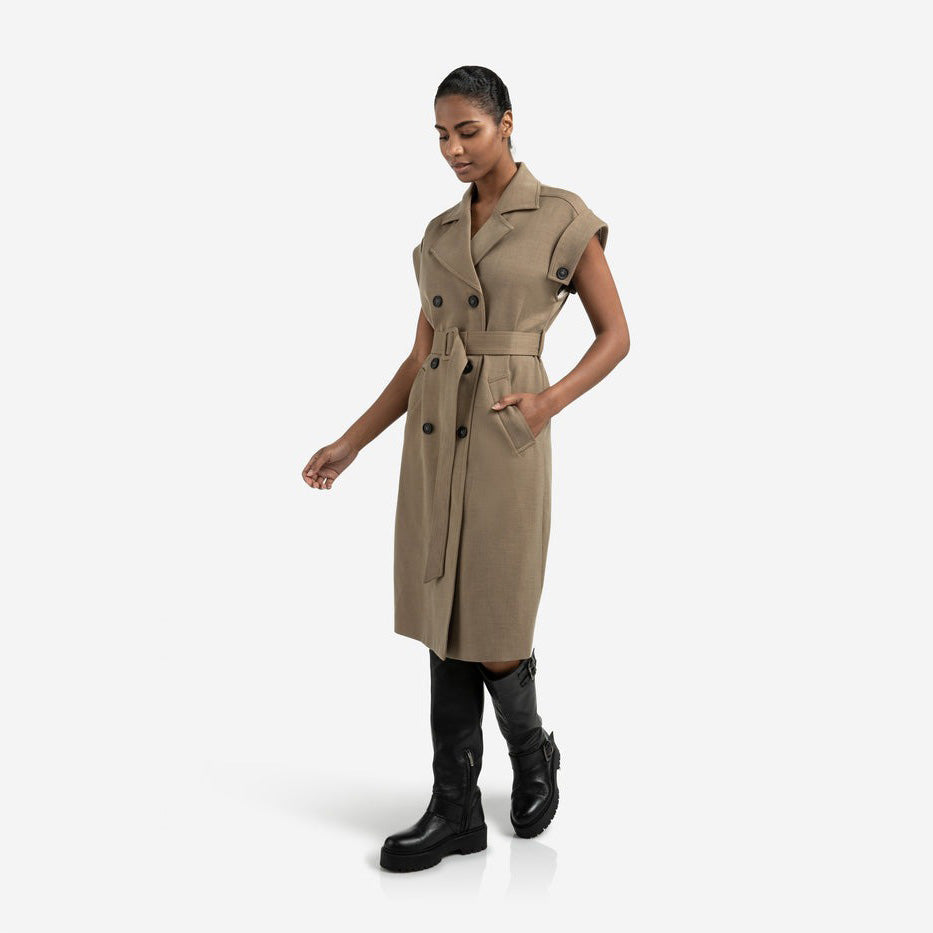 Long Sleeveless Coat with Waist Belt