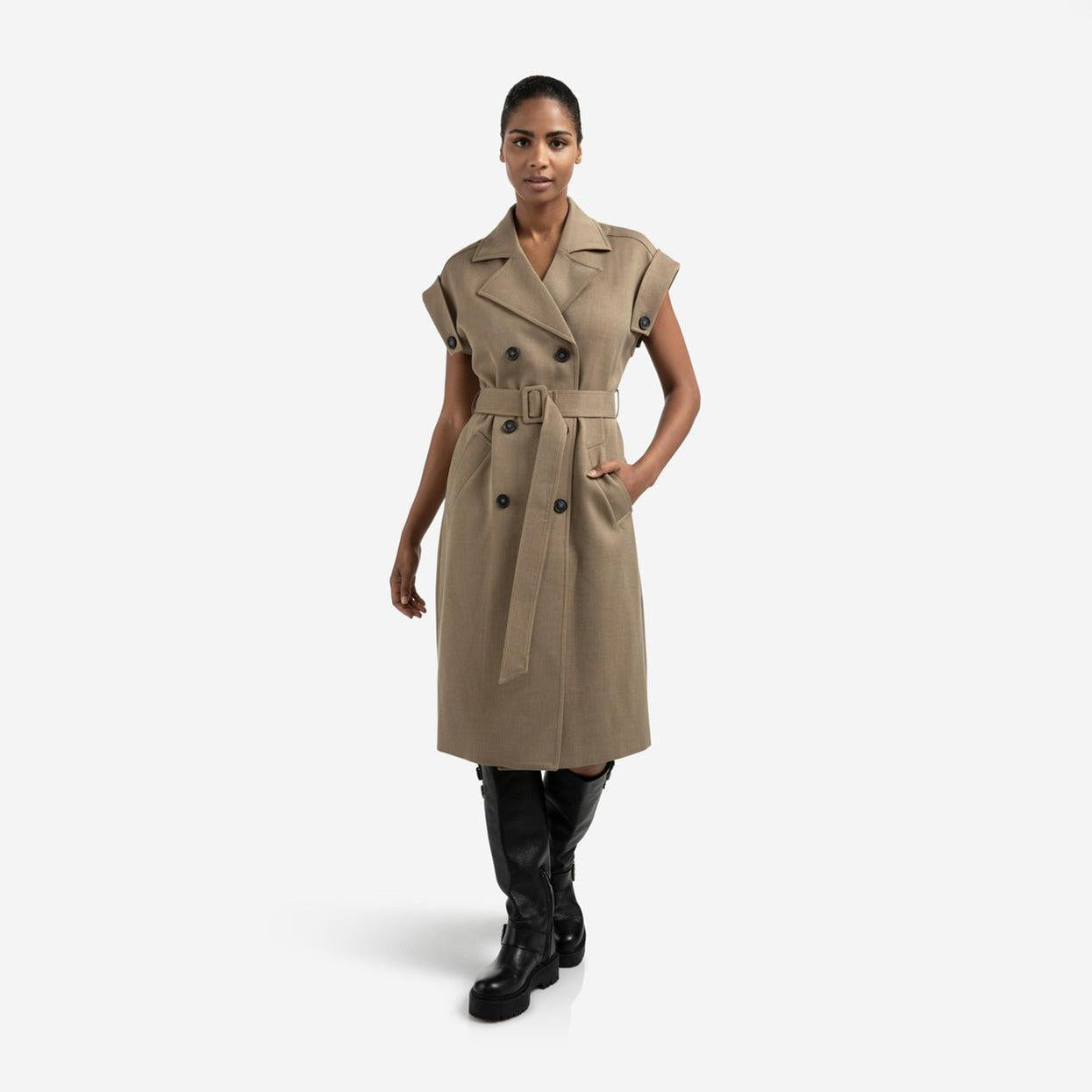 Long Sleeveless Coat with Waist Belt