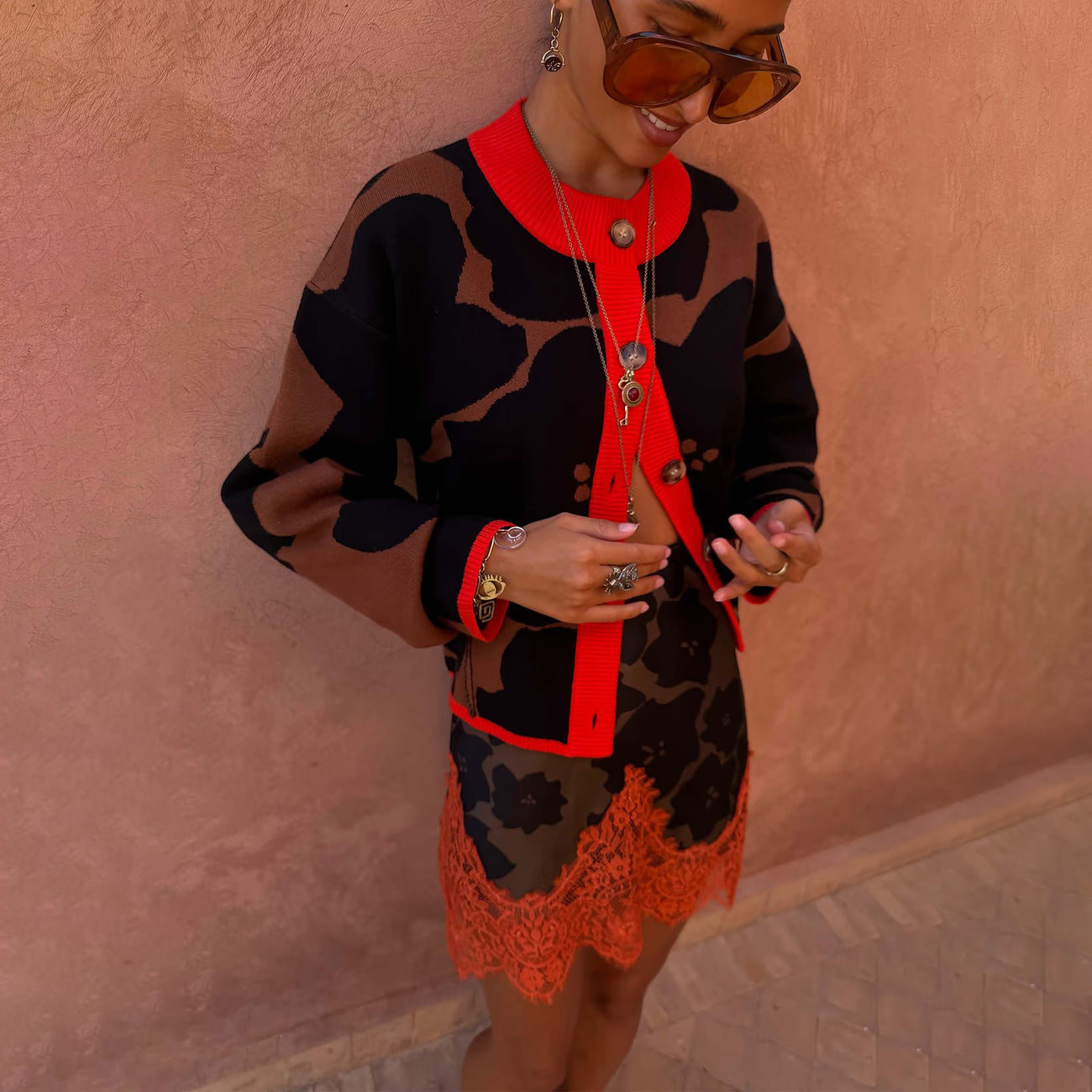 Tan Jaden Floral Jacquard Cardigan