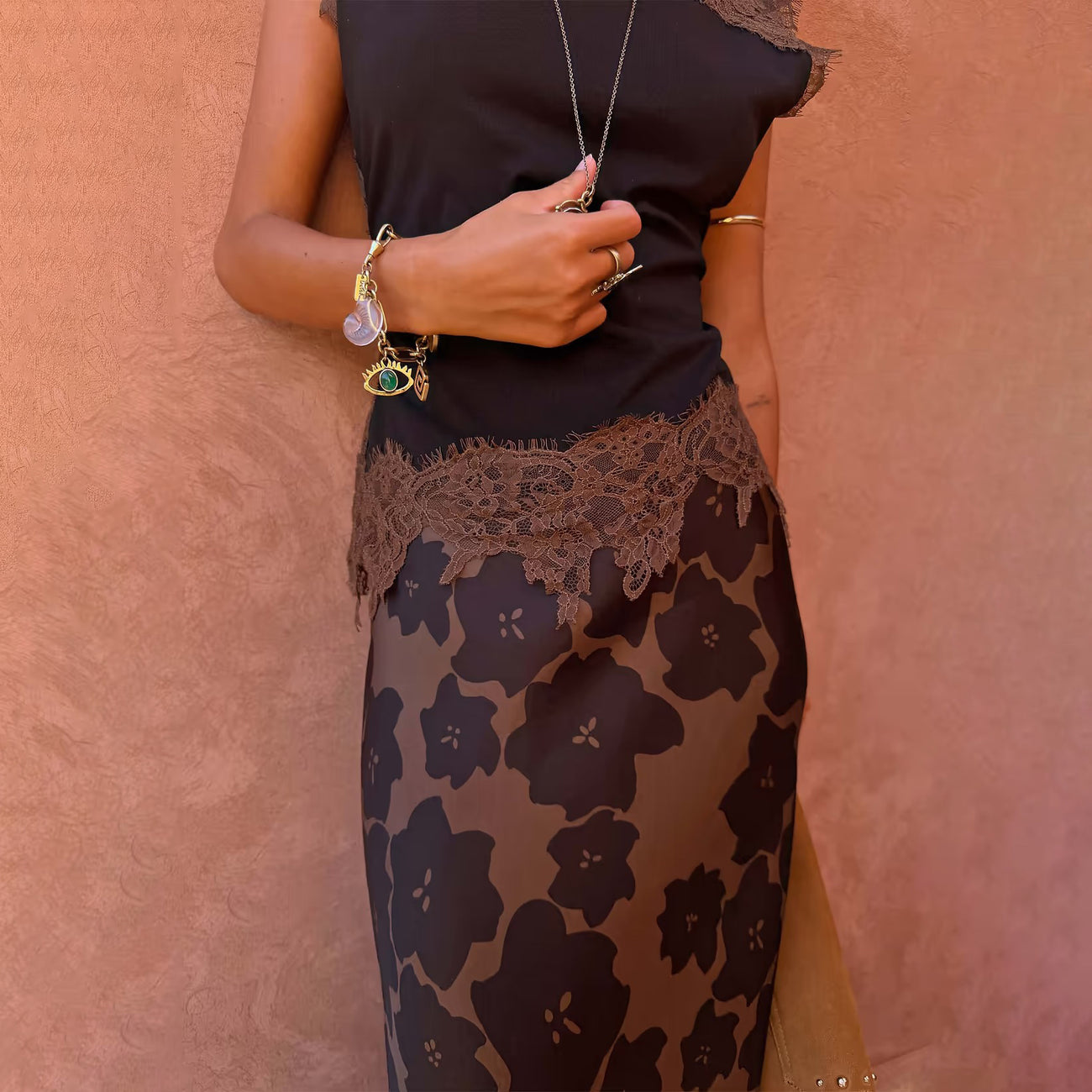 Tan Jaden Floral Midi Meava Skirt