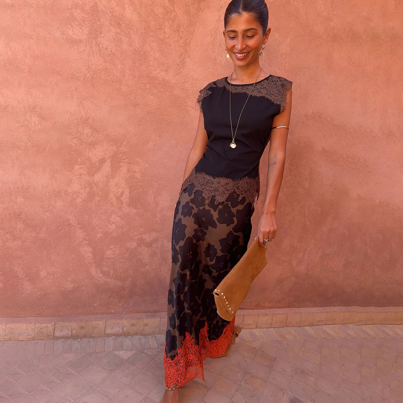 Tan Jaden Floral Midi Meava Skirt