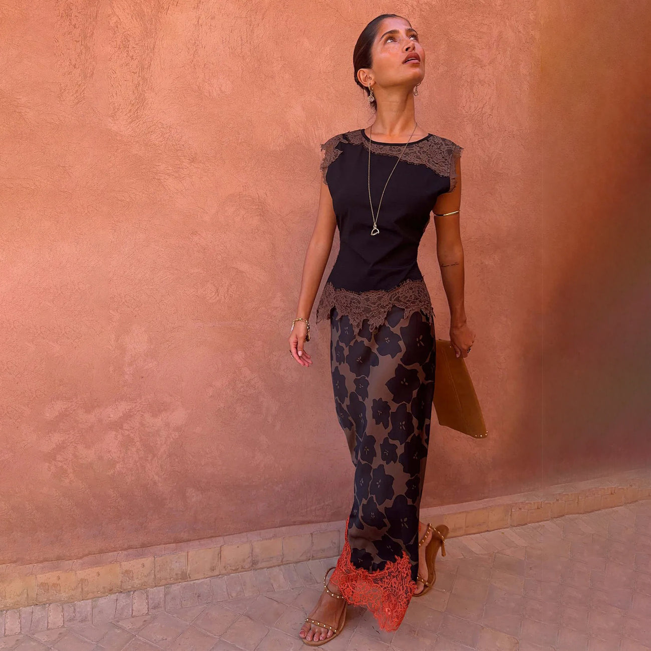 Black and Chocolate Lace Jersey Top
